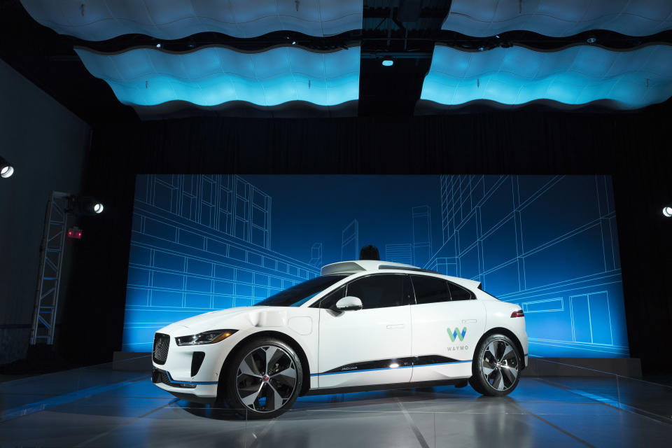 FILE - In this March 27, 2018 file photo, the Jaguar I-Pace vehicle outfitted with Waymo's suite of sensors and radar is introduced in New York. Google's self-driving car spinoff Waymo said Tuesday it will bring a factory to Michigan, creating up to 400 jobs at what it describes as the world's first plant "100 percent" dedicated to the mass production of autonomous vehicles. (AP Photo/Mark Lennihan, File)
