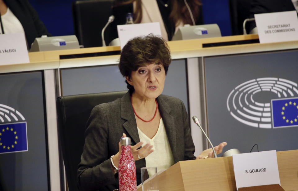 European Commissioner designate for Internal Market Sylvie Goulard answers questions during her hearing at the European Parliament in Brussels, Thursday, Oct 10, 2019. (AP Photo/Olivier Matthys)