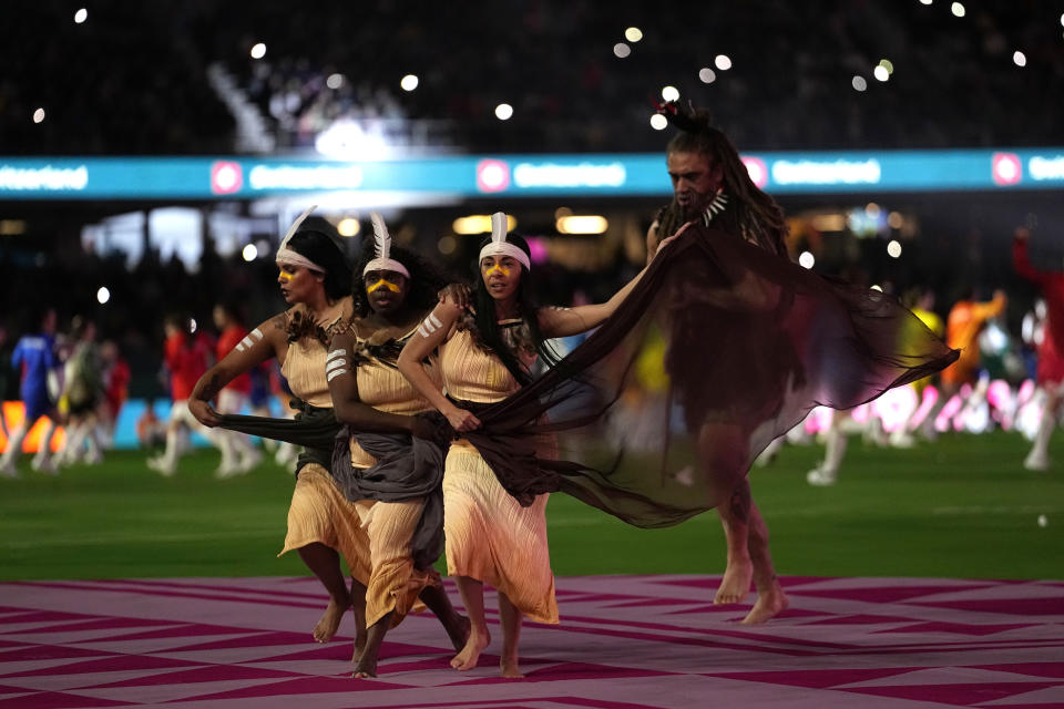 Dancers perform during the opening ceremony ahead of the Women's World Cup soccer match between New Zealand and Norway in Auckland, New Zealand, Thursday, July 20, 2023. (AP Photo/Abbie Parr)