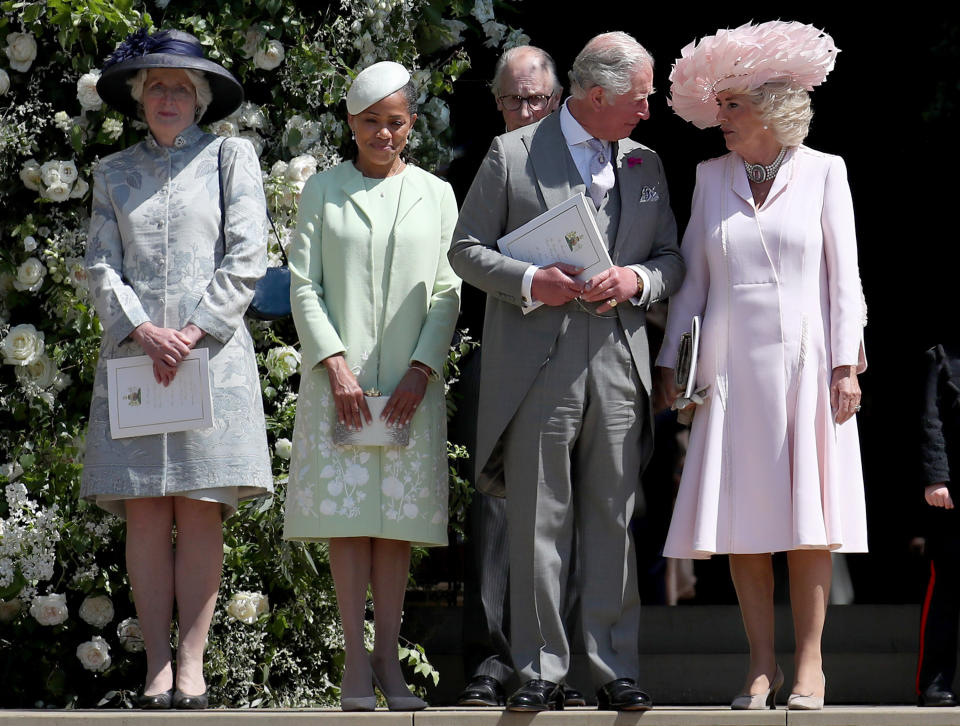 Lady Jane Fellowes with Doria Ragland, Prince Charles and the Duchess of Cornwall at Prince Harry and Meghan Markle's wedding in May 2018. (Image via Getty Images).