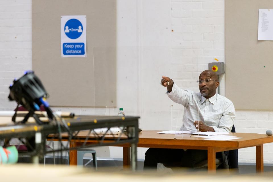 Director and co-writer Clint Dyer sits behind a Perspex screen in the rehearsal room (Cameron Slater Photography)