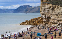 BURTON BRADSTOCK, UNITED KINGDOM - AUGUST 29: General view of the 9,000 ton cliff fall on August 29, 2020 in Burton Bradstock, Dorset, England. The fall happened at Hive Beach near the village of Burton Bradstock shortly before 06:30 BST, Dorset Council said. Fire crews using thermal imaging equipment were called in to check for any trapped casualties but nothing was found. The council described it as a "huge" rock fall and said recent heavy rain had made cliffs unstable. (Photo by Finnbarr Webster/Getty Images)