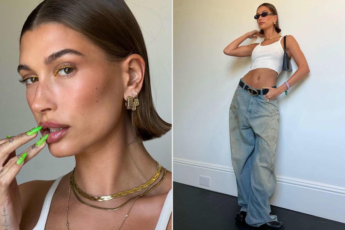 Hailey Bieber Shows Off Abs in a Neon Green Sports Bra, Shorts