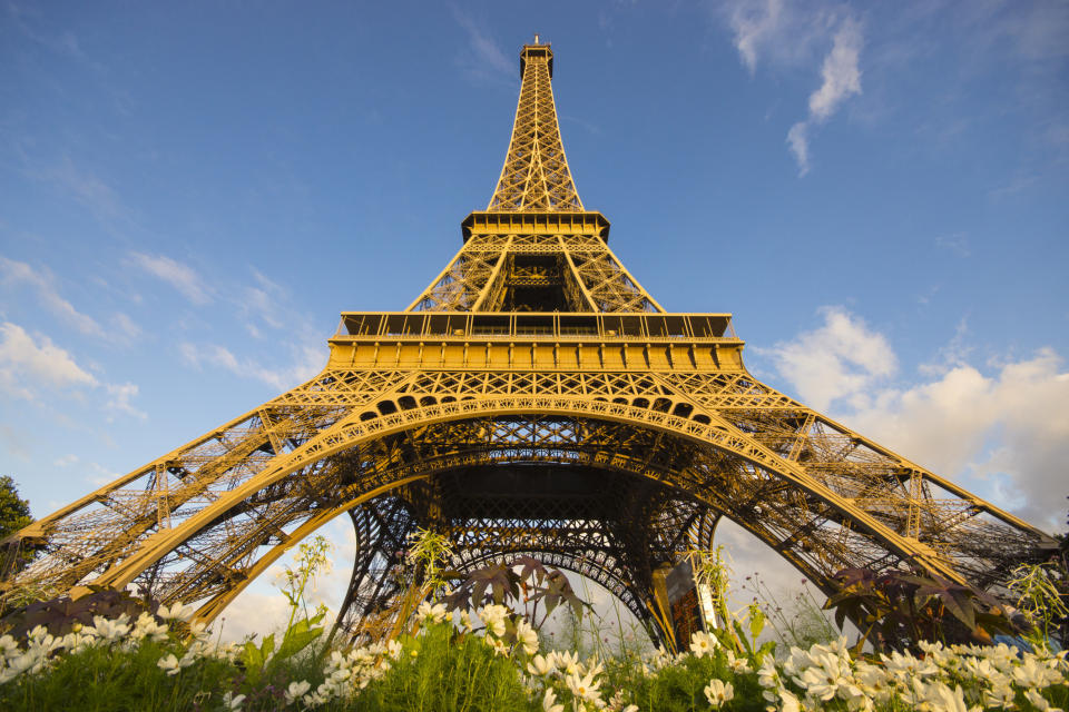 Looking up at the Eiffel Tower.