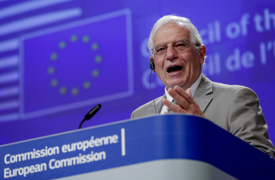 European Union foreign policy chief Josep Borrell addresses a video press conference at the conclusion of a video conference of EU foreign affairs ministers in Brussels, Wednesday, April 22, 2020. (Olivier Hoslet, Pool Photo via AP)