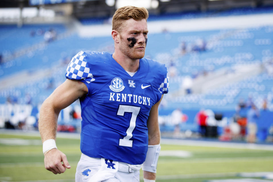 Kentucky quarterback Will Levis runs off the field after an NCAA college football game against Youngstown State in Lexington, Ky., Saturday, Sept. 17, 2022. (AP Photo/Michael Clubb)
