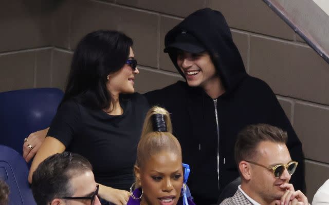 NEW YORK, NEW YORK – SEPTEMBER 10: Kylie Jenner and actor Timothée Chalamet look on during the Men’s Singles Final match between Novak Djokovic of Serbia and Daniil Medvedev of Russia on Day Fourteen of the 2023 US Open at the USTA Billie Jean King National Tennis Center on September 10, 2023 in the Flushing neighborhood of the Queens borough of New York City. (Photo by Mike Stobe/Getty Images)
