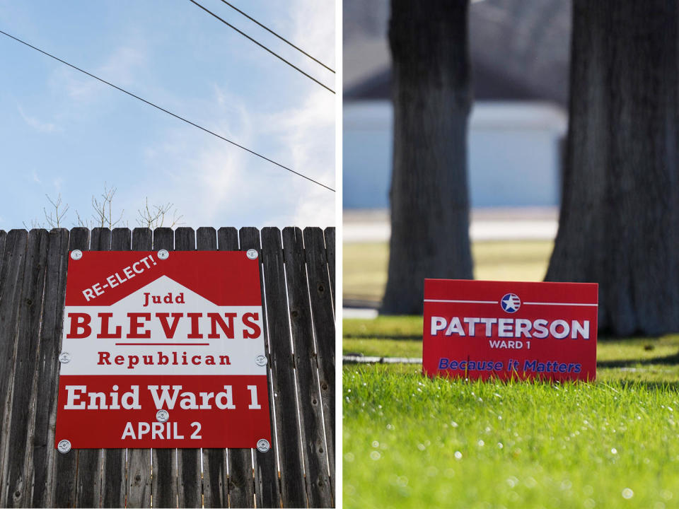 From the yard signs in Enid, it seems voters are split on who should win.  (Michael Noble Jr. for NBC News)