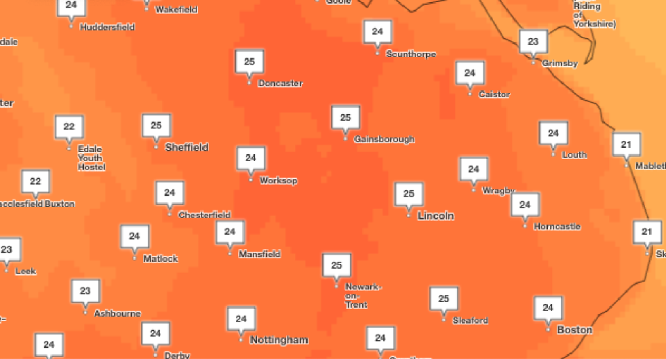 Further north on Monday, Gainsborugh, Lincoln, Sheffield and Doncaster are among the places in England where temperatures will peak at 25c on Monday, according to forecasters. (Met Office)