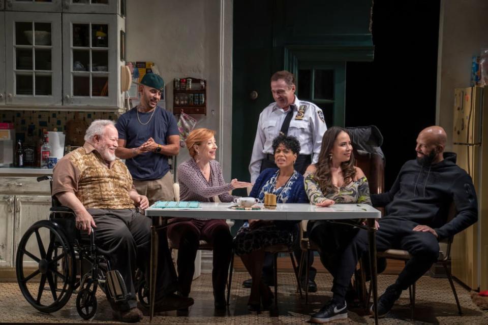 <div class="inline-image__caption"><p>(l to r) Stephen McKinley Henderson, Victor Almanzar, Elizabeth Canavan, Michael Rispoli, Liza Colón-Zayas, Rosal Colón, and Common in 'Between Riverside and Crazy.'</p></div> <div class="inline-image__credit">Joan Marcus</div>