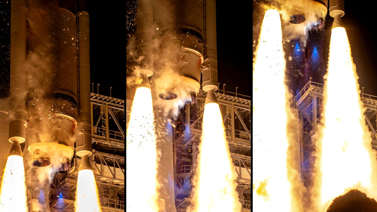  Three images side by side showing the vulcan centaur engines blasting the rocket up from the launch pad. 