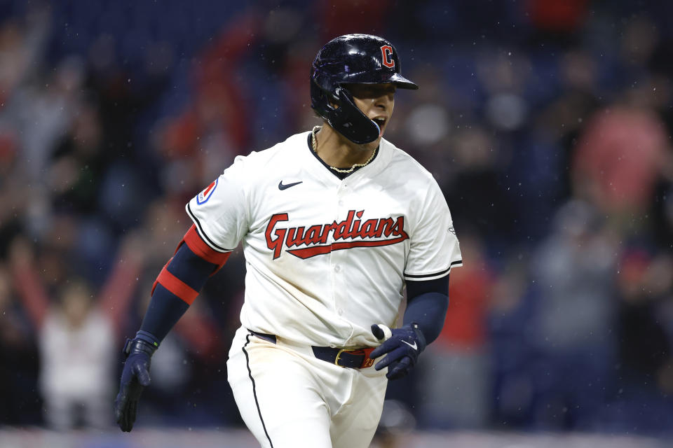 Cleveland Guardians' Bo Naylor celebrates his single that drove in the winning run off Chicago White Sox pitcher Bryan Shaw during the 10th inning of a baseball game Wednesday, April 10, 2024, in Cleveland. (AP Photo/Ron Schwane)