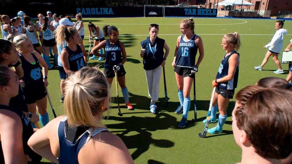 Erin Matson coaches a UNC field hockey practice in February 2023. Matson, 23, begins her first season as UNC’s head coach in August 2023, trying to lead the program to its fifth national championship in the past six years.