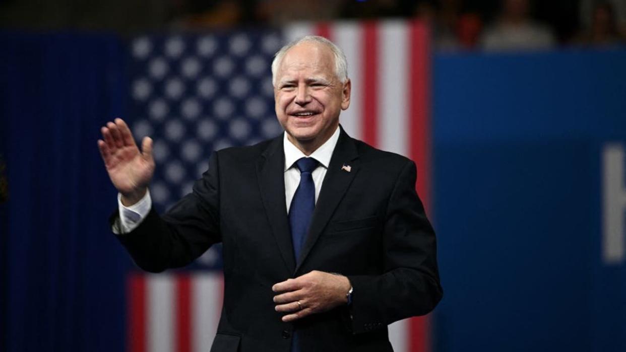 <div>US vice presidential candidate Minnesota Gorvernor Tim Walz arrives to speak at Temple University's Liacouras Center in Philadelphia, Pennsylvania, August 6, 2024, on the first day of their "Battleground State Tour". (Photo by Brendan SMIALOWSKI / AFP) (Photo by BRENDAN SMIALOWSKI/AFP via Getty Images)</div>