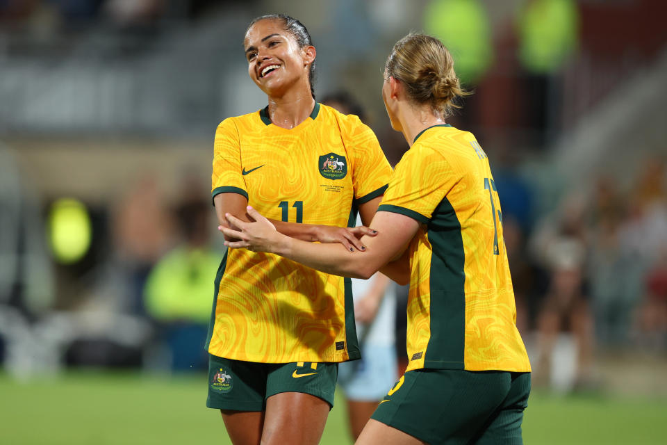 PERTH, AUSTRALIA - NOVEMBER 01: Mary Fowler of the Matildas reacts after a missed shot at goal during the AFC Women's Asian Olympic Qualifier match between Australia Matildas and Chinese Taipei at HBF Park on November 01, 2023 in Perth, Australia. (Photo by James Worsfold/Getty Images)