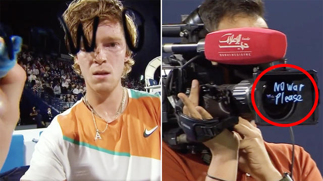 Russia's Andrey Rublev writes 'No war please' at Dubai Open