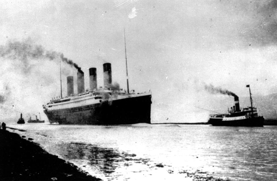 In this April 10, 1912 file photo, the luxury liner Titanic departs Southampton, England, on her maiden Atlantic Ocean voyage to New York.