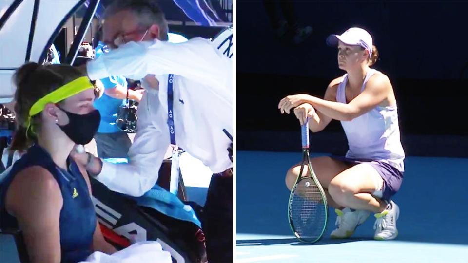 Ash Barty (pictured right) kneeling to stay warm and (pictured left) Karolina Muchova in tears while receiving treatment.