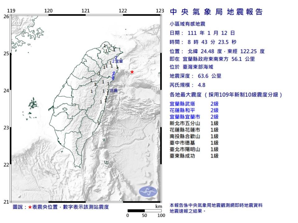 ▲今（12）早宜蘭外海發生地震，芮氏規模4.8。（圖／中央氣象局）