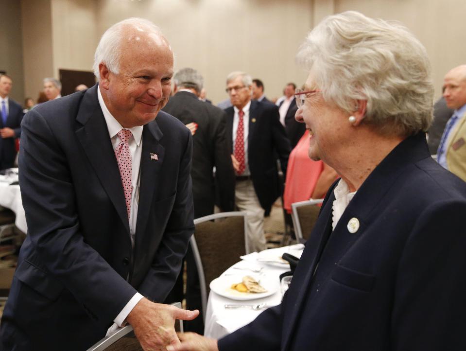 Jo Bonner greets Governor Kay Ivey after she had delivered an address to the Chamber in Session State of the State luncheon at the Embassy Suites in Tuscaloosa, May 15, 2018.