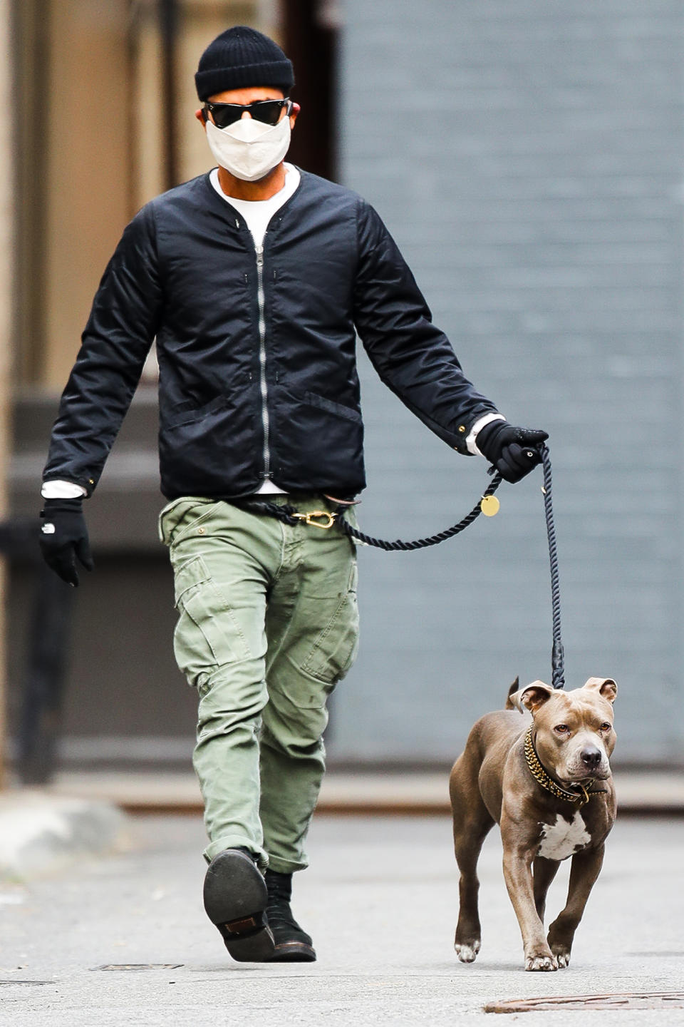 <p>Justin Theroux wears a face mask as he takes his dog Kuma for a walk in N.Y.C.</p>