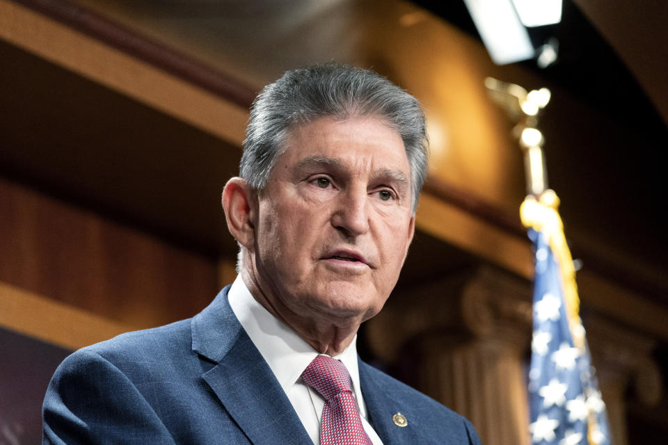 FILE - Sen. Joe Manchin, D-W.Va., speaks with reporters during a news conference on Capitol Hill, Nov. 1, 2021 in Washington. (AP Photo/Alex Brandon, File)