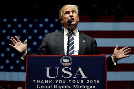 U.S. President-elect Donald Trump speaks at a "Thank You USA" tour rally in Grand Rapids, Michigan, U.S. December 9, 2016. REUTERS/Mike Segar