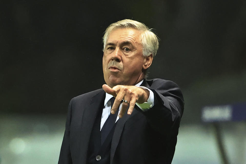 Real Madrid's head coach Carlo Ancelotti gestures during the Champions League group C soccer match between SC Braga and Real Madrid at the Municipal stadium in Braga, Portugal, Tuesday, Oct. 24, 2023. (AP Photo/Luis Vieira)