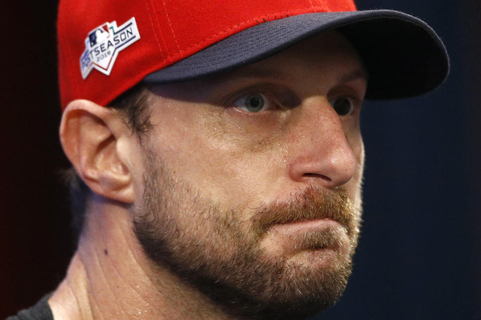 Washington Nationals starting pitcher Max Scherzer speaks at a baseball news conference, Monday, Sept. 30, 2019, in Washington. The Nationals are scheduled to face the Milwaukee Brewers in a National League wild card game Tuesday, Oct. 1. (AP Photo/Patrick Semansky)