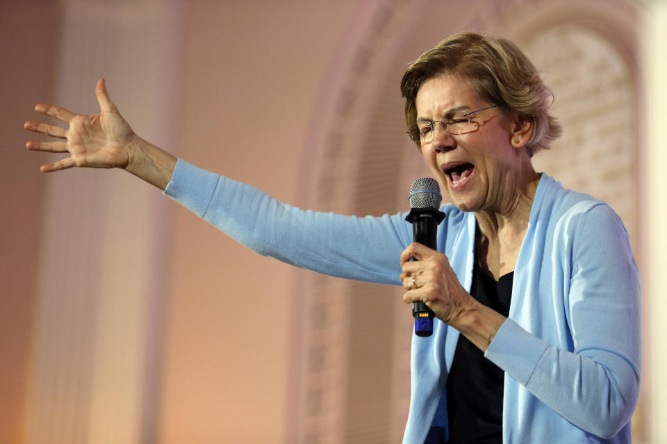 Democratic presidential candidate Sen. Elizabeth, D-Mass., speaks at a town hall campaign event, Monday, Feb. 10, 2020, in Portsmouth, N.H. (AP Photo/Robert F. Bukaty)