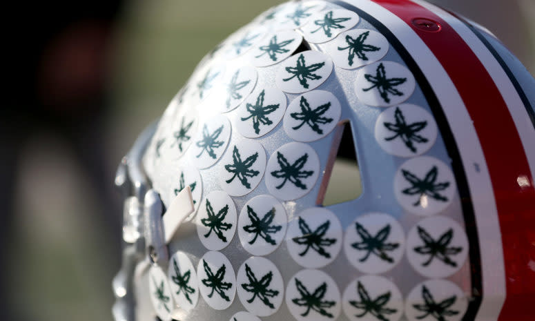 A closeup of an ohio state football helmet.