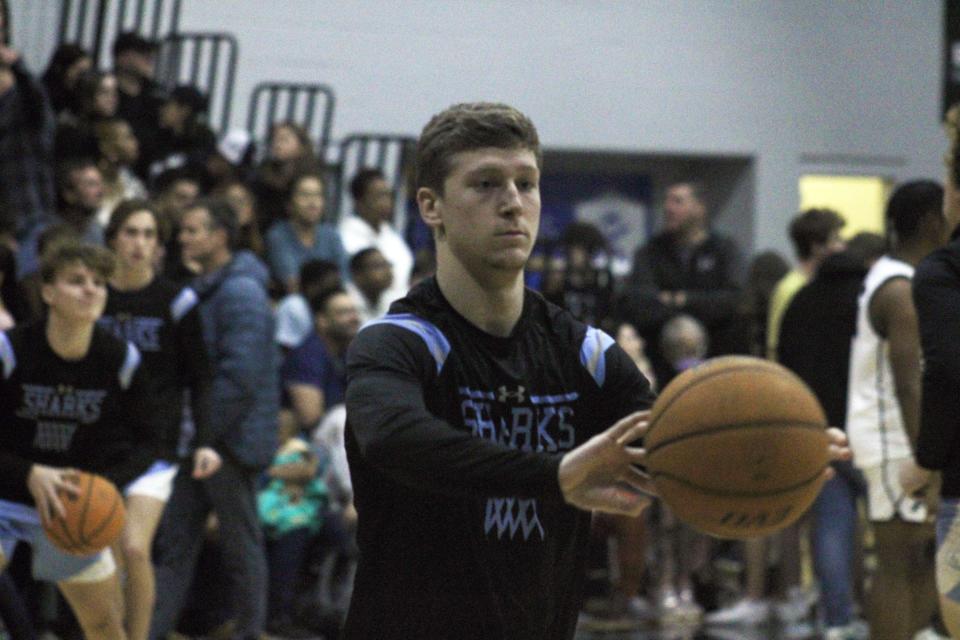 Ponte Vedra guard Nathan Bunkosky (3) passes the ball in warm-ups before a January game against Providence. Bunkosky moved into a tie for the Sharks' all-time lead in steals.