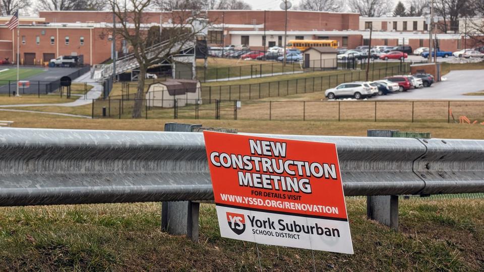 A sign addressing construction in The York Suburban School District is posted outside the high school on Feb 22, 2024.