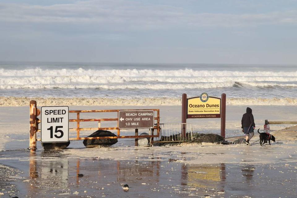 High surf pushes up the beach at Oceano Dunes State Vehicular Recreation Area on Thursday, Dec. 28, 2023.