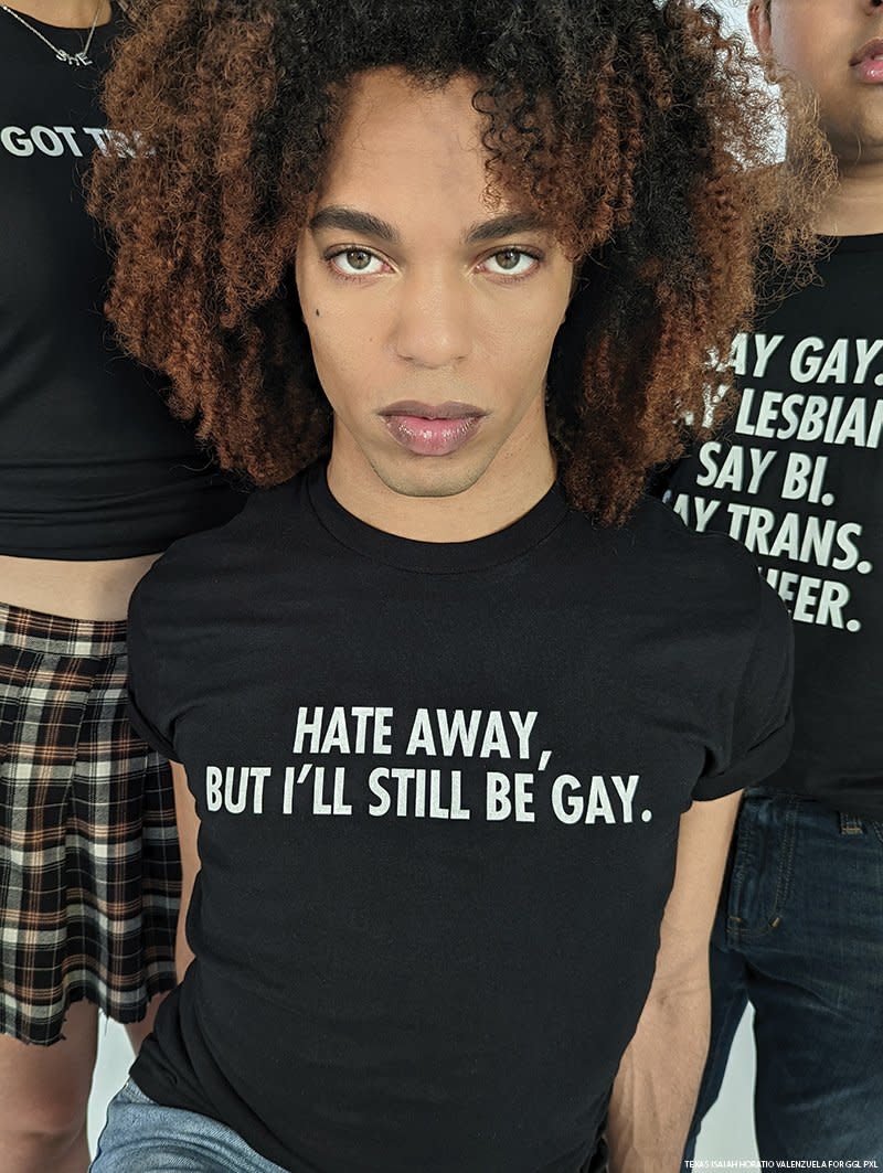 Myles “Mother Telfar” Mugler wears a t-shirt that reads, 