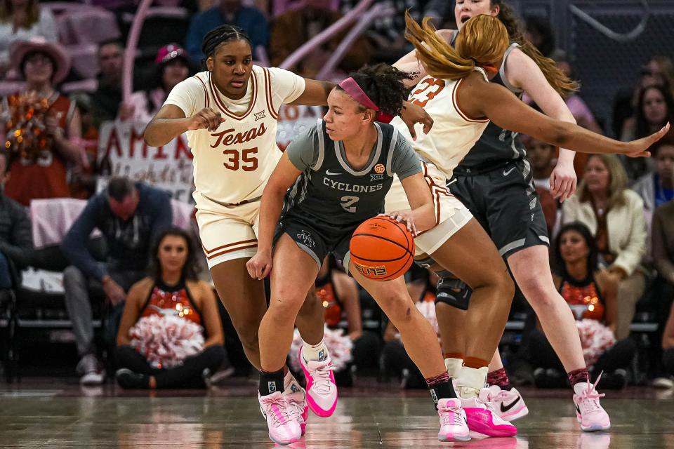 Iowa State guard Arianna Jackson (2) is guarded by Texas Longhorns guard Madison Booker (35) during the basketball game at the Moody Center on Saturday, Feb. 17, 2024 in Austin.