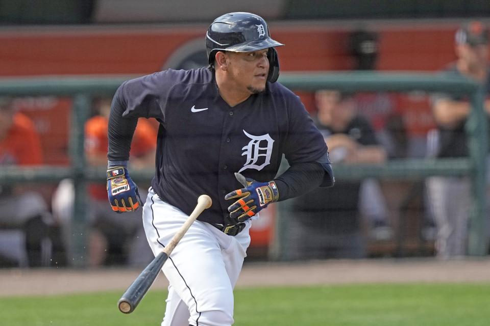 Detroit Tigers' Miguel Cabrera watches his ground ball against the Baltimore Orioles during the fifth inning of a spring training baseball game Thursday, March 2, 2023, in Lakeland, Fla. (AP Photo/David J. Phillip)