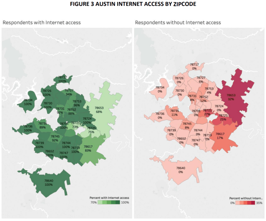 A map of survey responses reporting their access to the internet. (Courtesy City of Austin)
