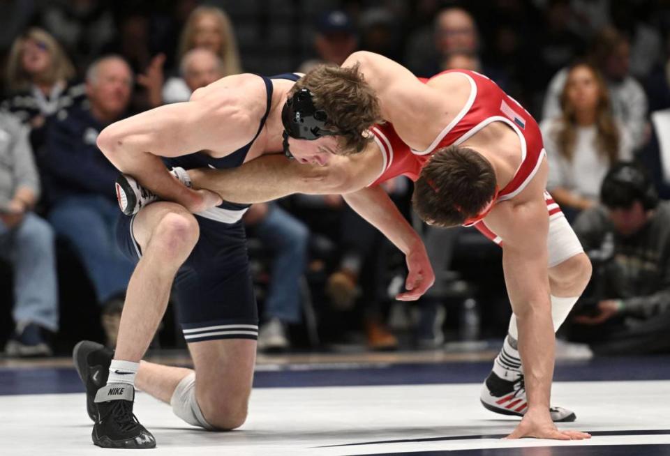 Penn State’s Bernie Truax wrestles Nebraska’s Lenny Pinto in the 184 lb bout of the match on Sunday, Feb. 18, 2024 in Rec Hall. Abby Drey/adrey@centredaily.com