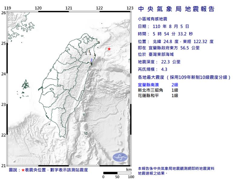 清晨5點54分今日第三震。（圖／翻攝自氣象局）