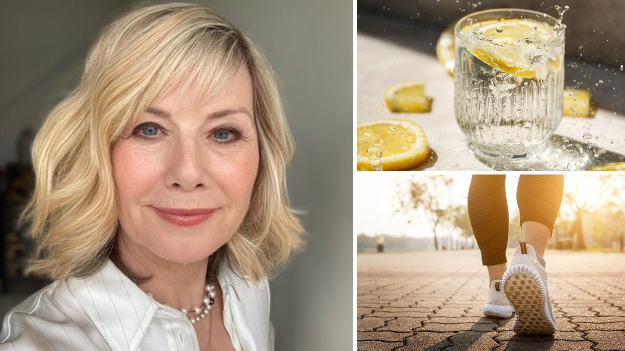 collage of a woman with lemon water and walking shoes 