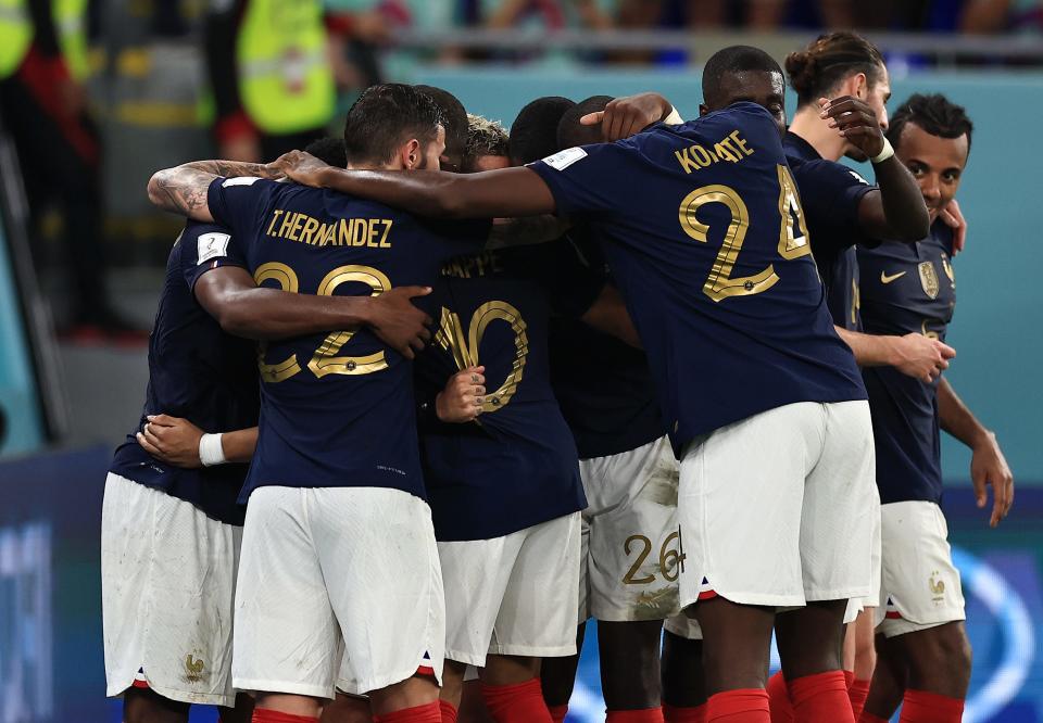 France celebrates after a goal by Kylian Mbappe against Denmark at the World Cup in Doha, Qatar on Nov. 26, 2022.