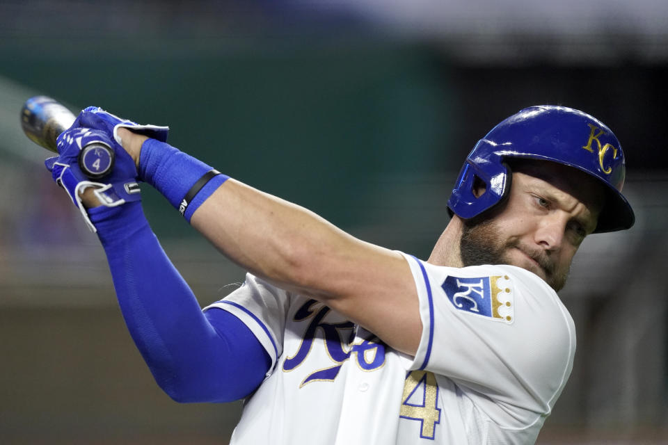 Kansas City Royals' Alex Gordon warms up on deck during the fourth inning of the team's baseball game against the Detroit Tigers on Friday, Sept. 25, 2020, in Kansas City, Mo. (AP Photo/Charlie Riedel)