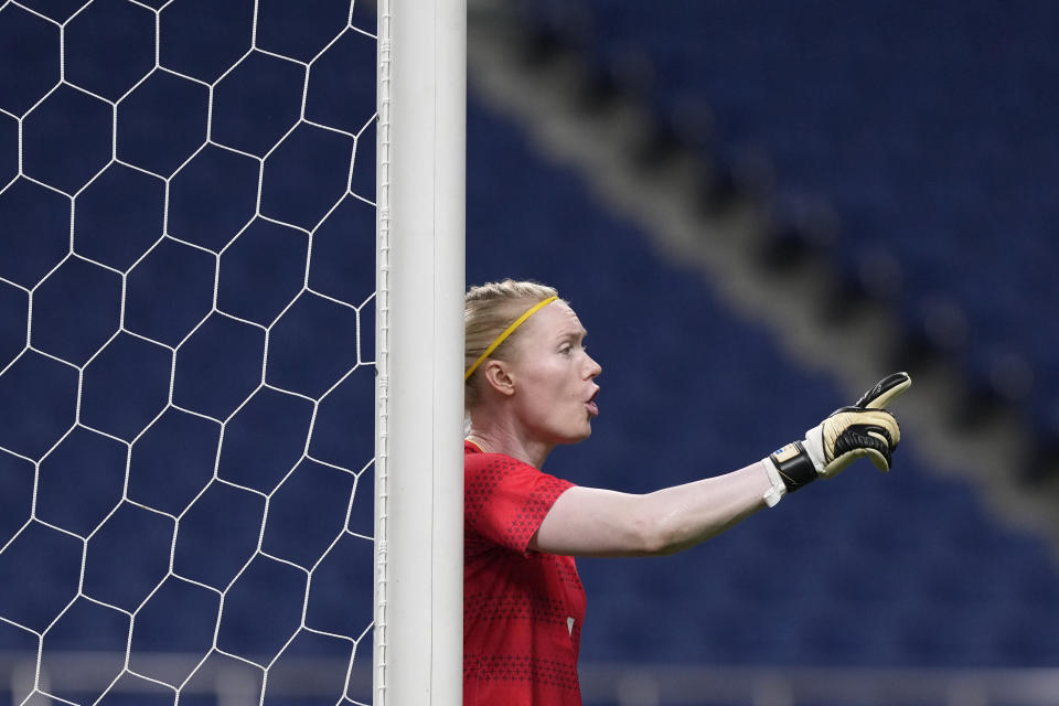 Sweden's goalkeeper Hedvig Lindahl reacts during a women's quarterfinal soccer match against Japan at the 2020 Summer Olympics, Friday, July 30, 2021, in Saitama, Japan. (AP Photo/Martin Mejia)