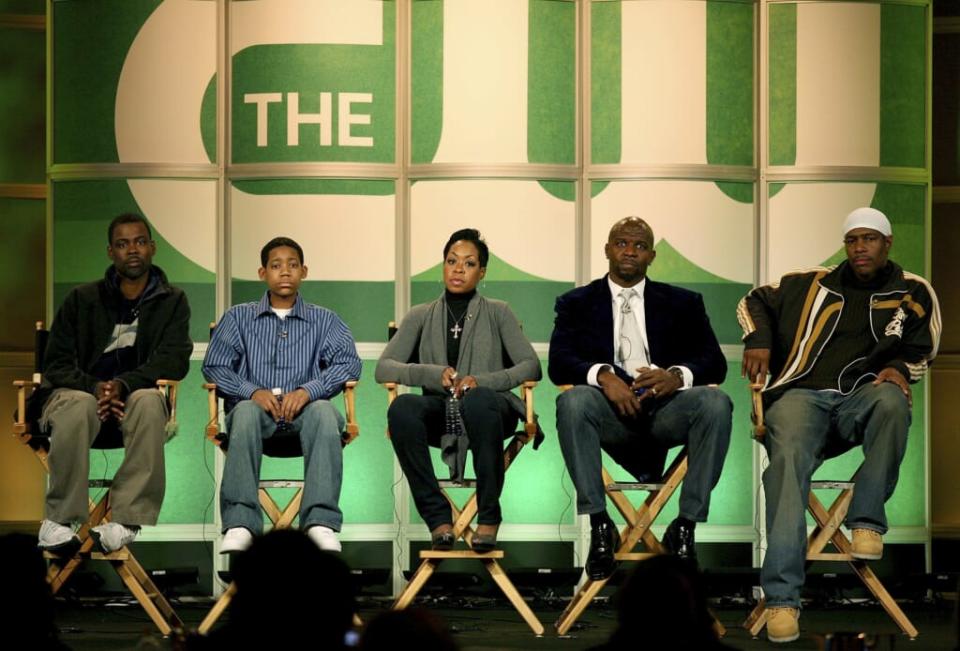 PASADENA, CA – JANUARY 19: (L-R) Executive producer Chris Rock, actors Tyler James Williams, Tichina Arnold, Terry Crews, and Executive producer Ali LeRoi of “Everybody Hates Chris” speak during the 2007 Winter Television Critics Association Press Tour for The CW at the Ritz-Carlton Huntington Hotel on January 19, 2007 in Pasadena, California. (Photo by Frederick M. Brown/Getty Images)