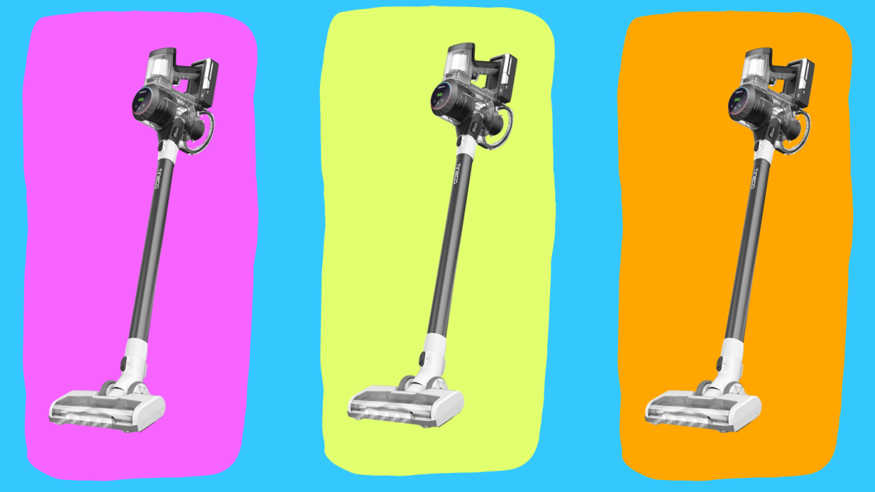 Three Tineco stick vacuums on a colorful background