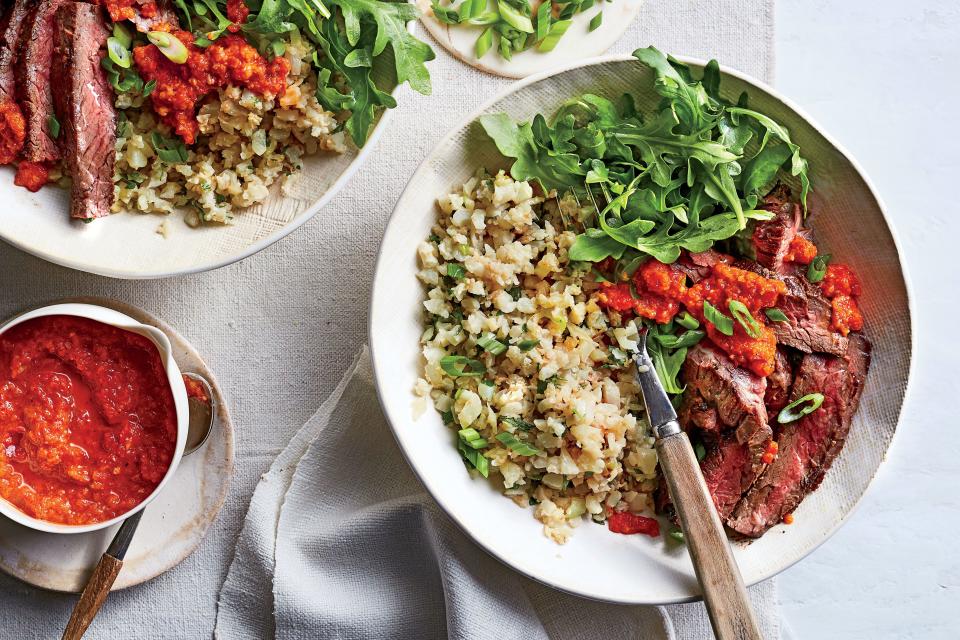 Skirt Steak and Cauliflower Rice with Red Pepper Sauce