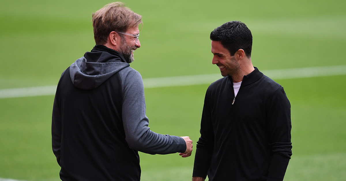  Liverpool and Arsenal managers Jurgen Klopp and Mikel Arteta respectively before the Premier League match between Arsenal FC and Liverpool FC at Emirates Stadium on July 15, 2020 in London, England. 