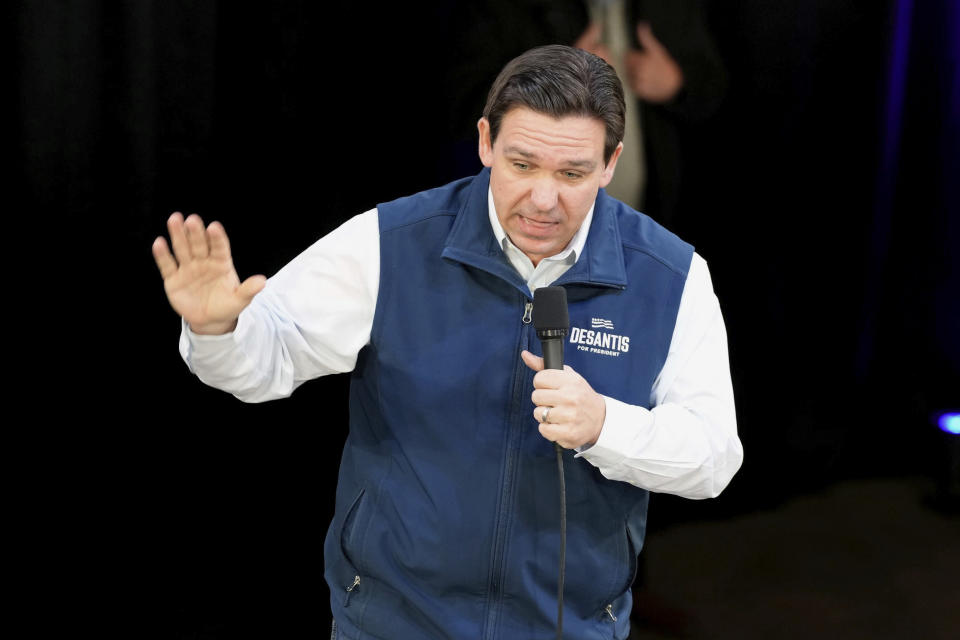 Republican presidential candidate Florida Gov. Ron DeSantis speaks during a campaign event at The Hangout on Saturday, Jan. 20, 2024, in Myrtle Beach, S.C. (AP Photo/Meg Kinnard)