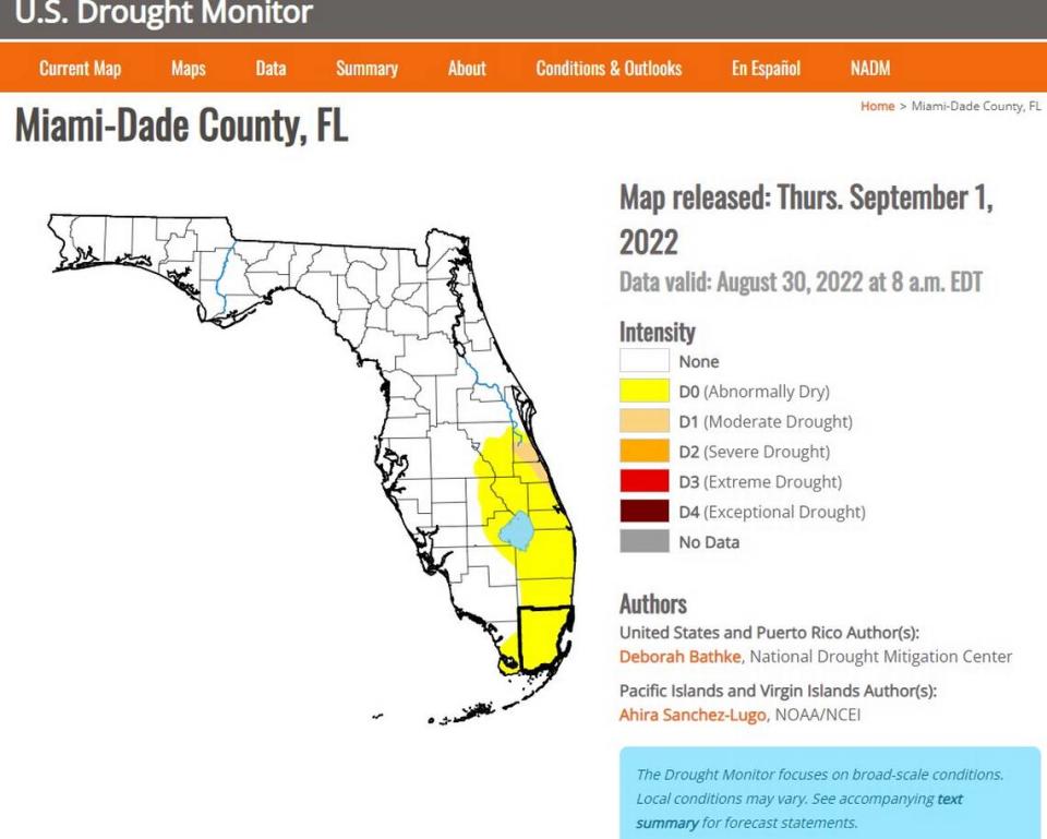 El mapa del Monitor de la Sequía de Estados Unidos del 1º de septiembre de 2022 muestra condiciones anormalmente secas para varios condados de la costa este de la Florida, incluyendo los condados Monroe, Miami-Dade, Broward y Palm Beach. Indian River y Brevard están en condiciones de sequía moderada.